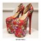 Round Toe Stiletto Heels Ankle Buckle Straps  Flowers Platforms Pumps - Red
