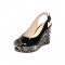 Peep Toe Platforms Back Buckle Straps Snake Pattern Wedges Sandals - Black