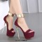 Peep Toe Ankle Metal Straps Stiletto Heels Back Zipper Platforms Sandals Pumps - Wine Red Flock