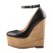 Round Toe Platforms Ankle Buckle Straps Matte Wedges Sandals - Black Faux Leather