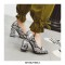 Chunky Heels Pointed Toe Snake Print Dress Pumps - White