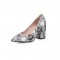Chunky Heels Pointed Toe Snake Print Dress Pumps - White