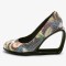 Round Toe Genuine Leather Wedges Heels Snake Print Pumps - Beige