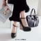 Round Toe Triangle Geometric Printed Ankle Buckle Straps Wedges Pumps - Black Faux Leather