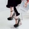 Round Toe Triangle Geometric Printed Ankle Buckle Straps Wedges Pumps - Black Faux Leather
