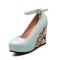 Round Toe Triangle Geometric Printed Ankle Buckle Straps Wedges Pumps - SkyBlue Faux Leather