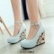 Round Toe Triangle Geometric Printed Ankle Buckle Straps Wedges Pumps - SkyBlue Faux Leather