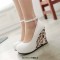 Round Toe Triangle Geometric Printed Ankle Buckle Straps Wedges Pumps - Pink Faux Leather