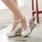 Round Toe Triangle Geometric Printed Ankle Buckle Straps Wedges Pumps - Pink Faux Leather