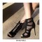 Peep Toe Stiletto Heels Ankle Lace Up Transparent Sandals - Black