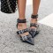 Pointed Toe Kitten Metal Heels Ankle Buckle Straps Rivets Punk Gothic Pumps - Black Faux Leather