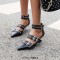 Pointed Toe Kitten Metal Heels Ankle Buckle Straps Rivets Punk Gothic Pumps - Black Faux Leather