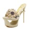 Peep Toe Stiletto Heels Mesh Rhinestones Floral Platforms Sandals Slippers - Beige Satin