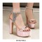 Peep Toe Chunky Cuban Heels Ankle Buckle Straps Rhinestones Platforms Pumps - Pink