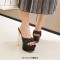 Peep Toe Block Heels Flock Platforms Slippers Sandals - Black