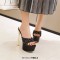 Peep Toe Block Golden Heels Platforms Stylish Sandals - Black Flock