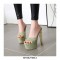 Peep Toe Block Heels Flock Platforms Slippers Sandals - Army Green