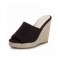 Peep Toe Knitted Straw Wedges Flock Suede Sandal  - Black