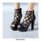 Cuban Heels Cut-Out Platform Spring Ankle Booties with Back Zipper - Black