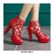Cuban Heels Cut-Out Platform Spring Ankle Booties with Back Zipper - Red