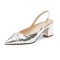 Pointed Toe Chunky Heels Slingback Buckle Straps Vintage Sandals Pumps - Silver