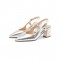 Pointed Toe Block Chunky Heels Ankle Buckle Straps Sandals - Silver