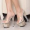 Peep Toe Stiletto Heels Transparent Glitters Stars Platforms Slippers Sandals - Gold PVC
