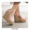 Peep Toe Knitted Straw Flower Wedges Ankle Buckle Straps Sandal  - Pink