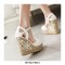 Peep Toe Knitted Straw Flower Wedges Ankle Buckle Straps Sandal  - White