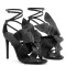 Peep Toe Flower Decorated Elegant Stiletto Heels Ankle Gladiator Straps Summer Party Date Night Sandals - Black Faux Leather