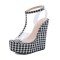 Peep Toe Summer Platforms T Straps Checkers Wedges Ankle Buckle Straps Sandals - Black Fabric PVC