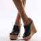 Summer Platform Wedge Peep Toe Cork Sandals - Black Faux Leather