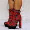 Chunky Heels Plaid Lace Up Round Toe Booties with Ankle Strap - Red