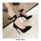 Pointed Toe Stiletto Heels Ankle Ribbon Straps Suede Pumps  - Black