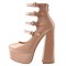 Round Toe Chunky Heels Platforms Ankle Wrap Heel Stripes Sandals - Beige