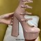 Round Toe Chunky Heels Platforms Ankle Wrap Heel Stripes Sandals - Beige