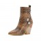 Chunky Heels Half Wedges Crocodile Embossed Rhinestones Star Western Side Zipper Boots - Brown GoldenRod
