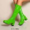 Round Toe Side Zipper Low Platforms Chunky Heels Knee Highs Candy Color Rain Boots - Green Patent