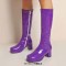 Round Toe Side Zipper Low Platforms Chunky Heels Knee Highs Candy Color Rain Boots - Purple Patent