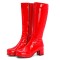 Round Toe Side Zipper Low Platforms Chunky Heels Knee Highs Candy Color Rain Boots - Red Patent