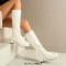 Round Toe Side Zipper Low Platforms Chunky Heels Knee Highs Candy Color Rain Boots - White Patent