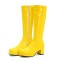 Round Toe Side Zipper Low Platforms Chunky Heels Knee Highs Candy Color Rain Boots - Yellow Patent