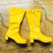 Round Toe Side Zipper Low Platforms Chunky Heels Knee Highs Candy Color Rain Boots - Yellow Patent