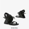 Peep Toe Genuine Leather Decorated Lace Up Slingback Strange Heels Sandals - Black
