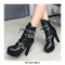 Round Toe Cuban Heels Ankle Buckle Straps Platforms Autumn Booties with Side Zipper - Black