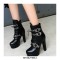 Round Toe Cuban Heels Ankle Buckle Straps Platforms Autumn Booties with Side Zipper - Black