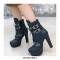 Round Toe Cuban Heels Ankle Buckle Straps Platforms Autumn Booties with Side Zipper - Blue
