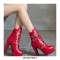 Round Toe Cuban Heels Ankle Buckle Straps Platforms Autumn Booties with Side Zipper - Red