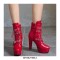 Round Toe Cuban Heels Ankle Buckle Straps Platforms Autumn Booties with Side Zipper - Red