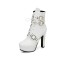 Round Toe Cuban Heels Ankle Buckle Straps Platforms Autumn Booties with Side Zipper - White
